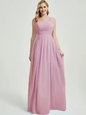 Mauve Pleated One Shoulder A-Line Floor Length Chiffon Bridesmaid Dress