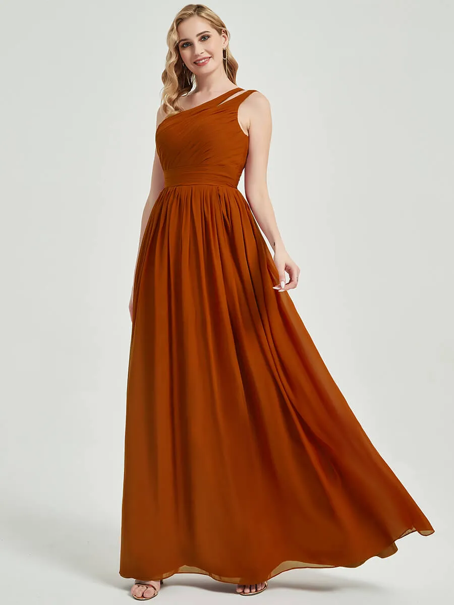 Mauve Pleated One Shoulder A-Line Floor Length Chiffon Bridesmaid Dress