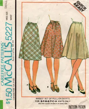 McCall's 5227 Womens EASY Stretch Pull On Skirts 1970s Vintage Sewing Pattern Size SMALL 10 -12