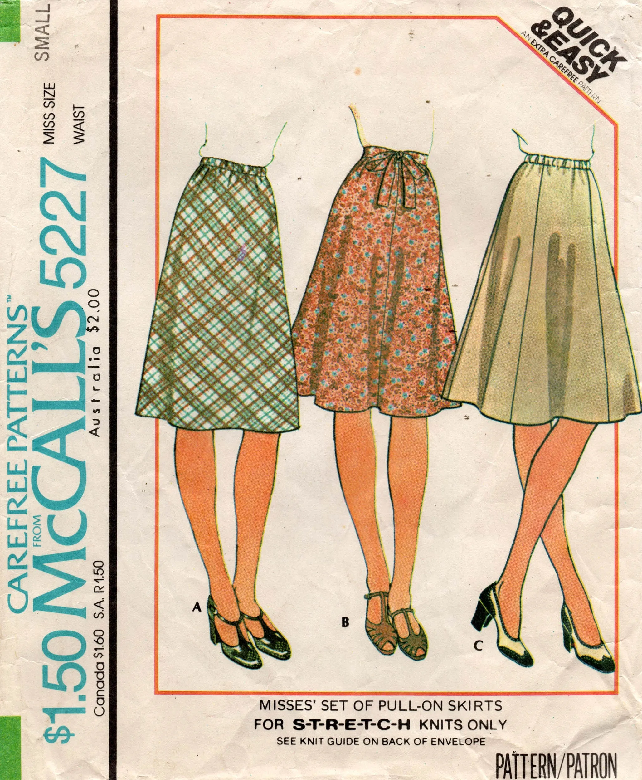 McCall's 5227 Womens EASY Stretch Pull On Skirts 1970s Vintage Sewing Pattern Size SMALL 10 -12