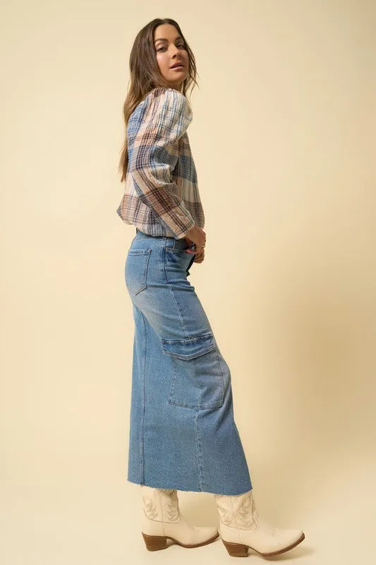 Medium Blue Denim Maxi Cargo Skirt