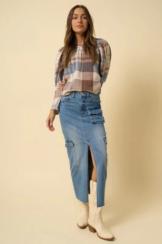 Medium Blue Denim Maxi Cargo Skirt