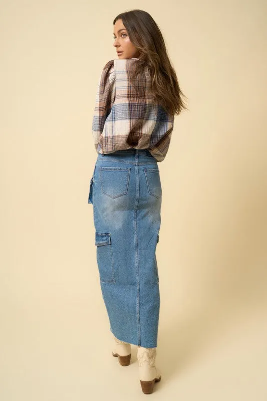 Medium Blue Denim Maxi Cargo Skirt