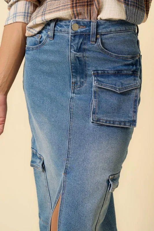 Medium Blue Denim Maxi Cargo Skirt