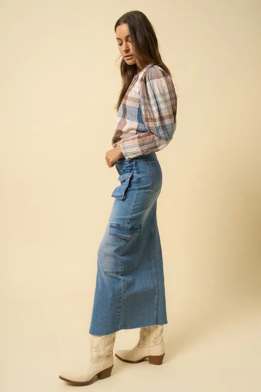 Medium Blue Denim Maxi Cargo Skirt