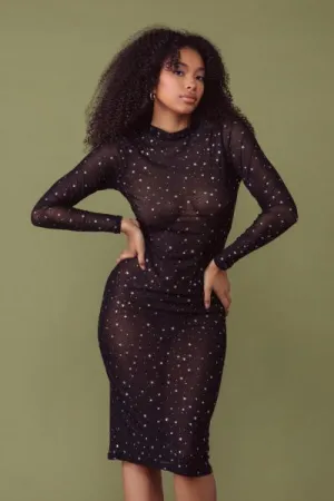 Mesh Midi Dress - Foil Black Stars -
