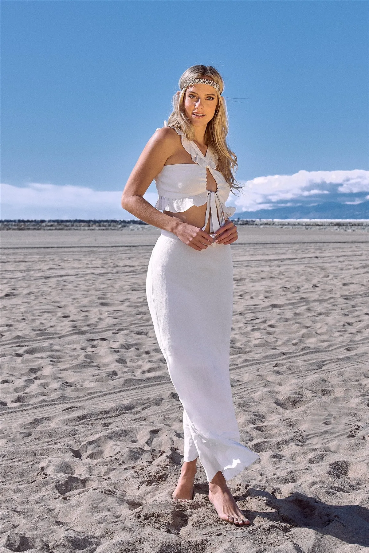 Mini Boho Print Lace Up Crop Top & High-waist Frill Trim Maxi Skirt Set