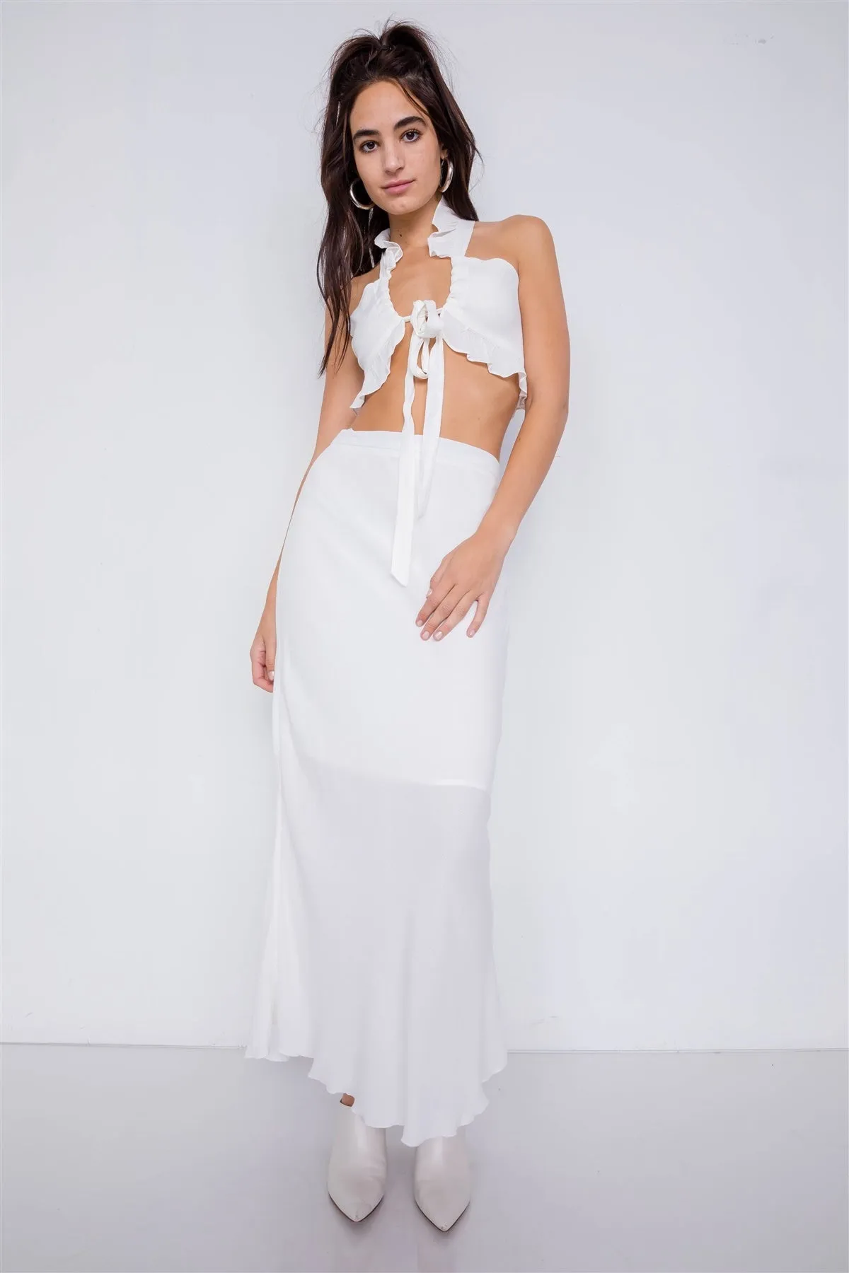 Mini Boho Print Lace Up Crop Top & High-waist Frill Trim Maxi Skirt Set