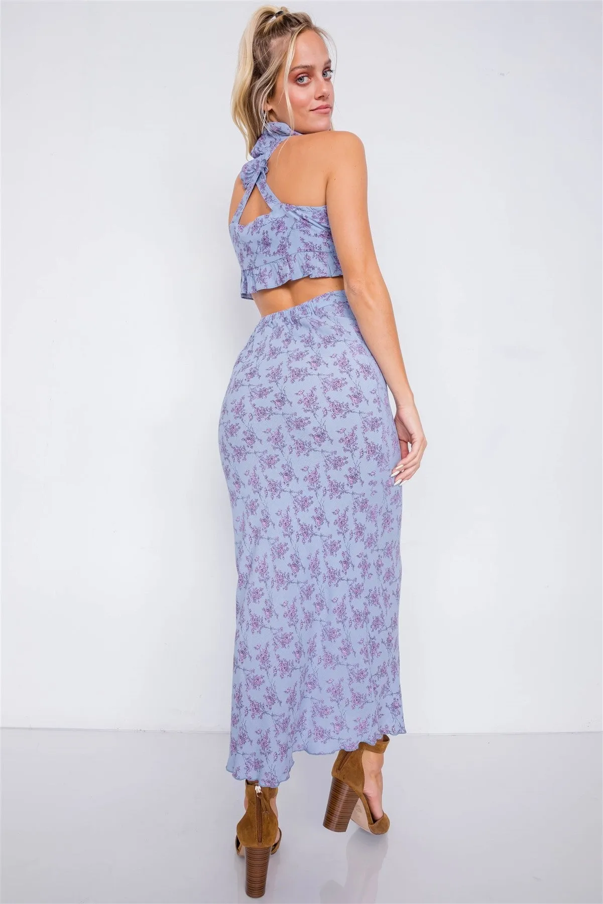 Mini Boho Print Lace Up Crop Top & High-waist Frill Trim Maxi Skirt Set