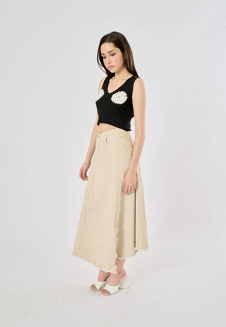 Montela Beige Zipper Fly Side Slit Asymmetrical Denim Maxi Skirt