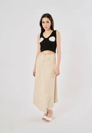 Montela Beige Zipper Fly Side Slit Asymmetrical Denim Maxi Skirt