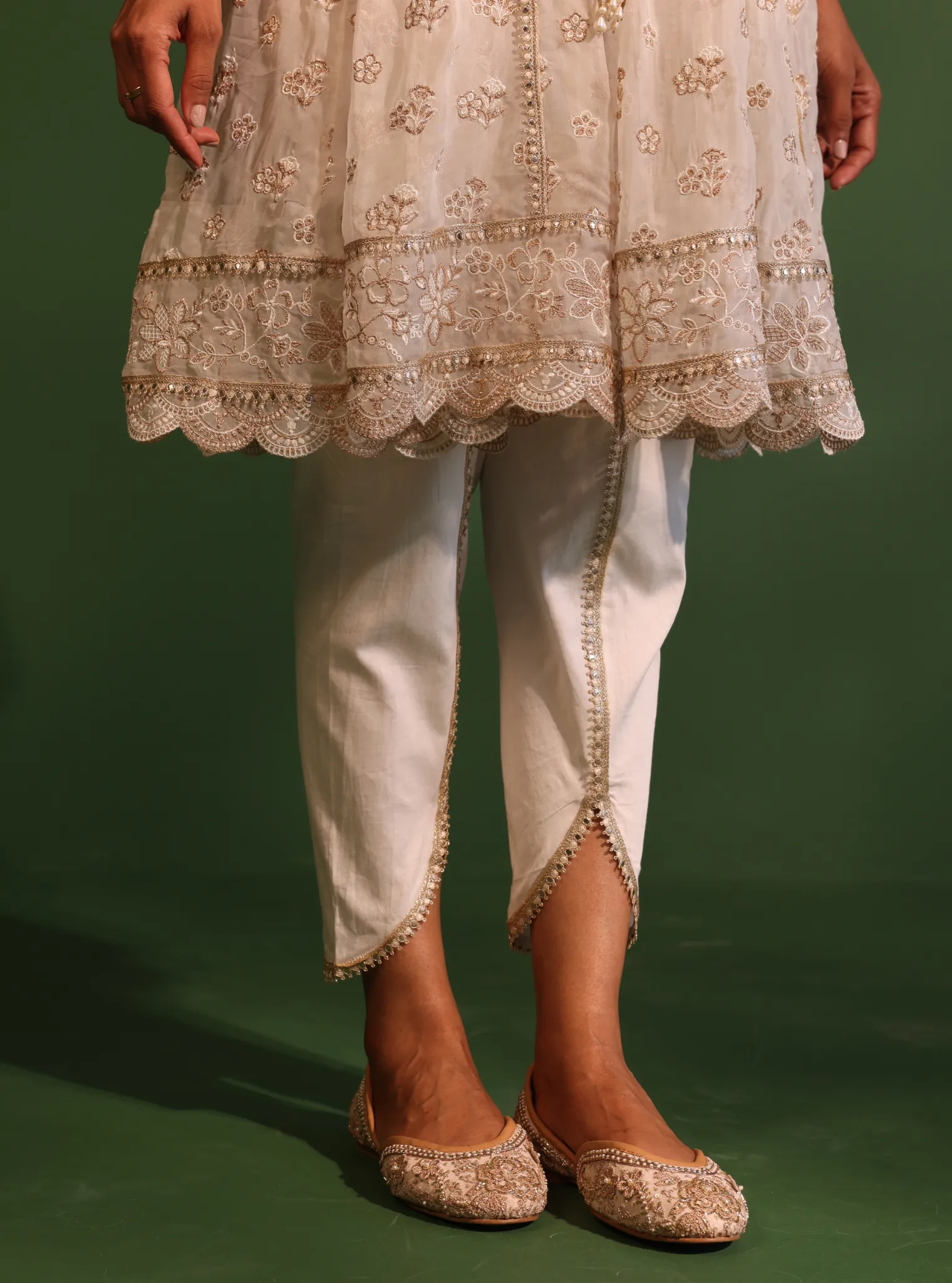 Mulmul Organza Gaatha Off White Short Anarkali Kurta With Mulmul Pima Satin Gaatha Off White Dhoti Pant