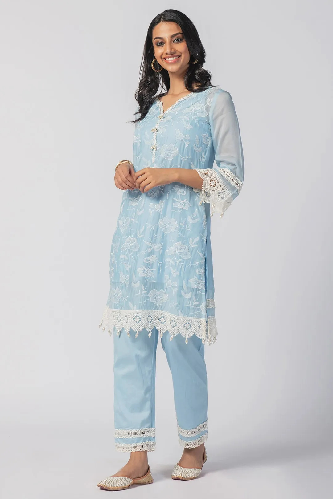 Mulmul Tencel Luxe Organza Maisy Blue Kurta With Pima Cotton Maisy Blue Pant