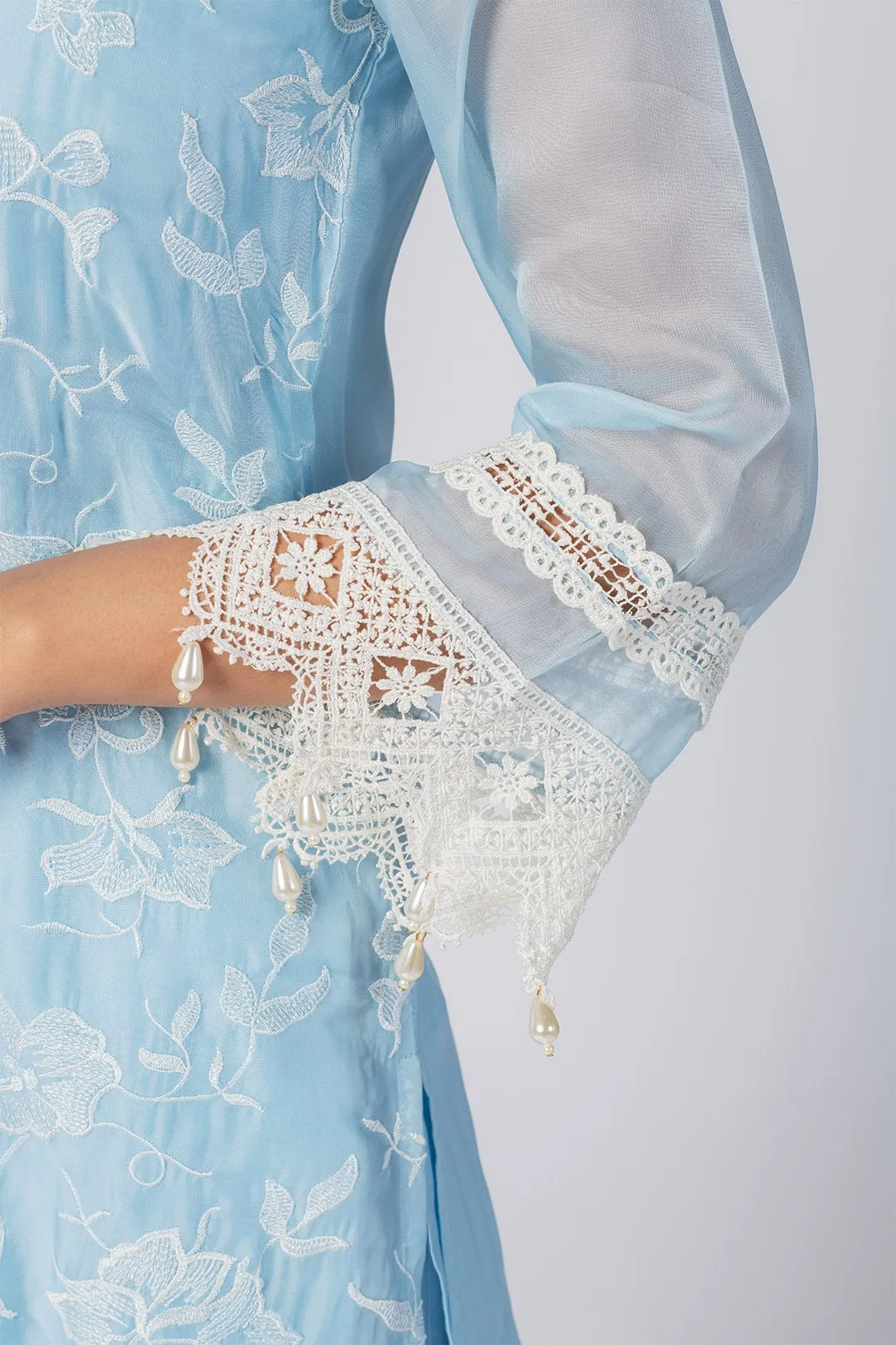 Mulmul Tencel Luxe Organza Maisy Blue Kurta With Pima Cotton Maisy Blue Pant