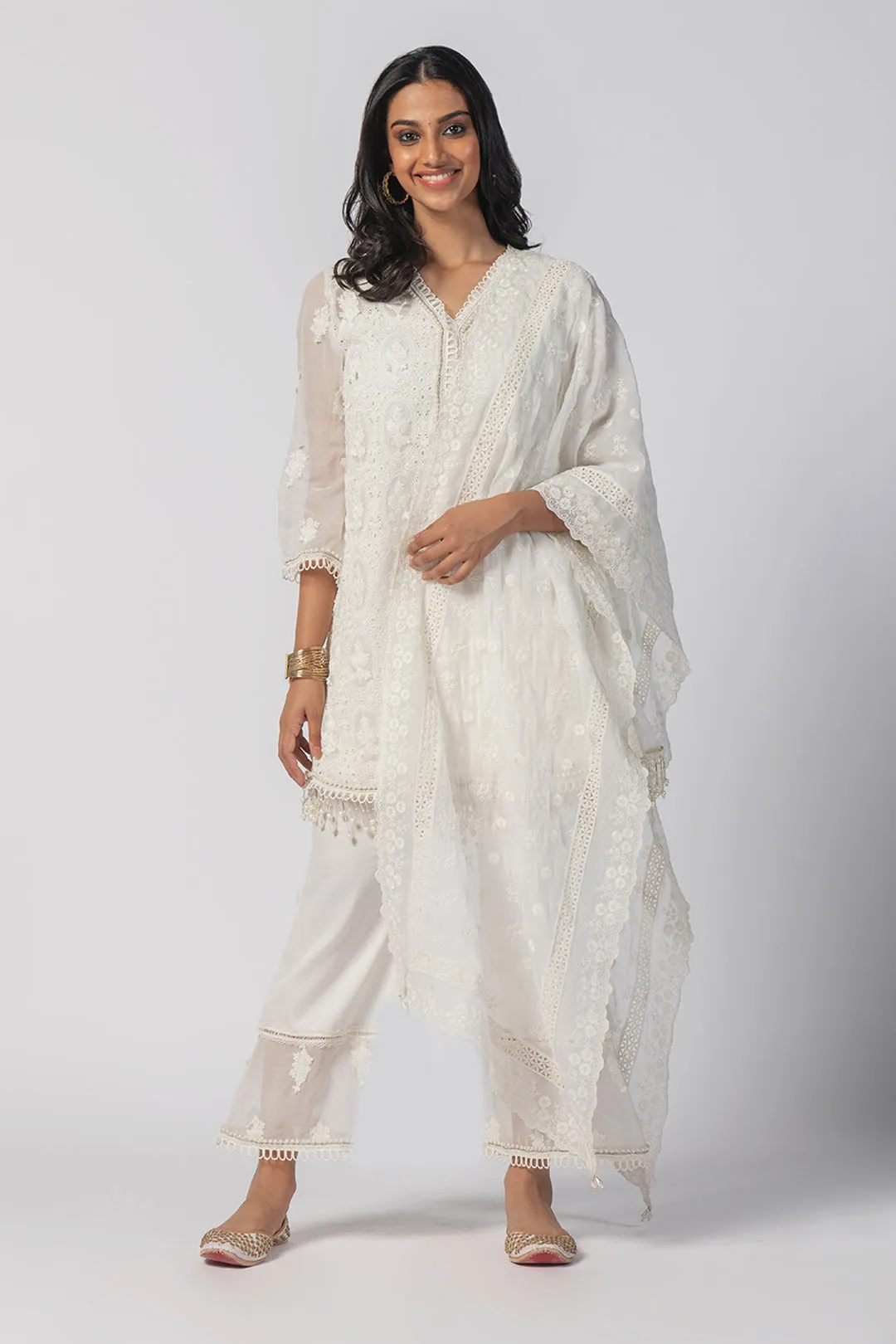Mulmul Tencel Luxe Organza Savannah Kurta Off White With New Savannah Off White Pant