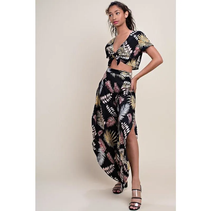 Multi Palm Tree Print with Side Slit Pants (Cali Urbn)
