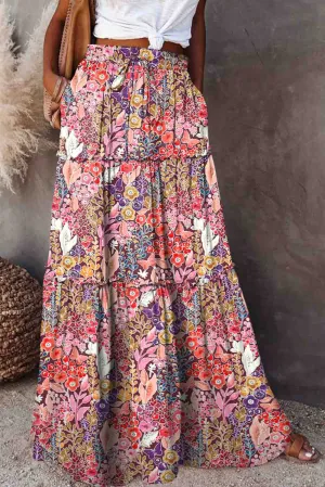 Multicolor Boho Floral Print High Waist Maxi Skirt