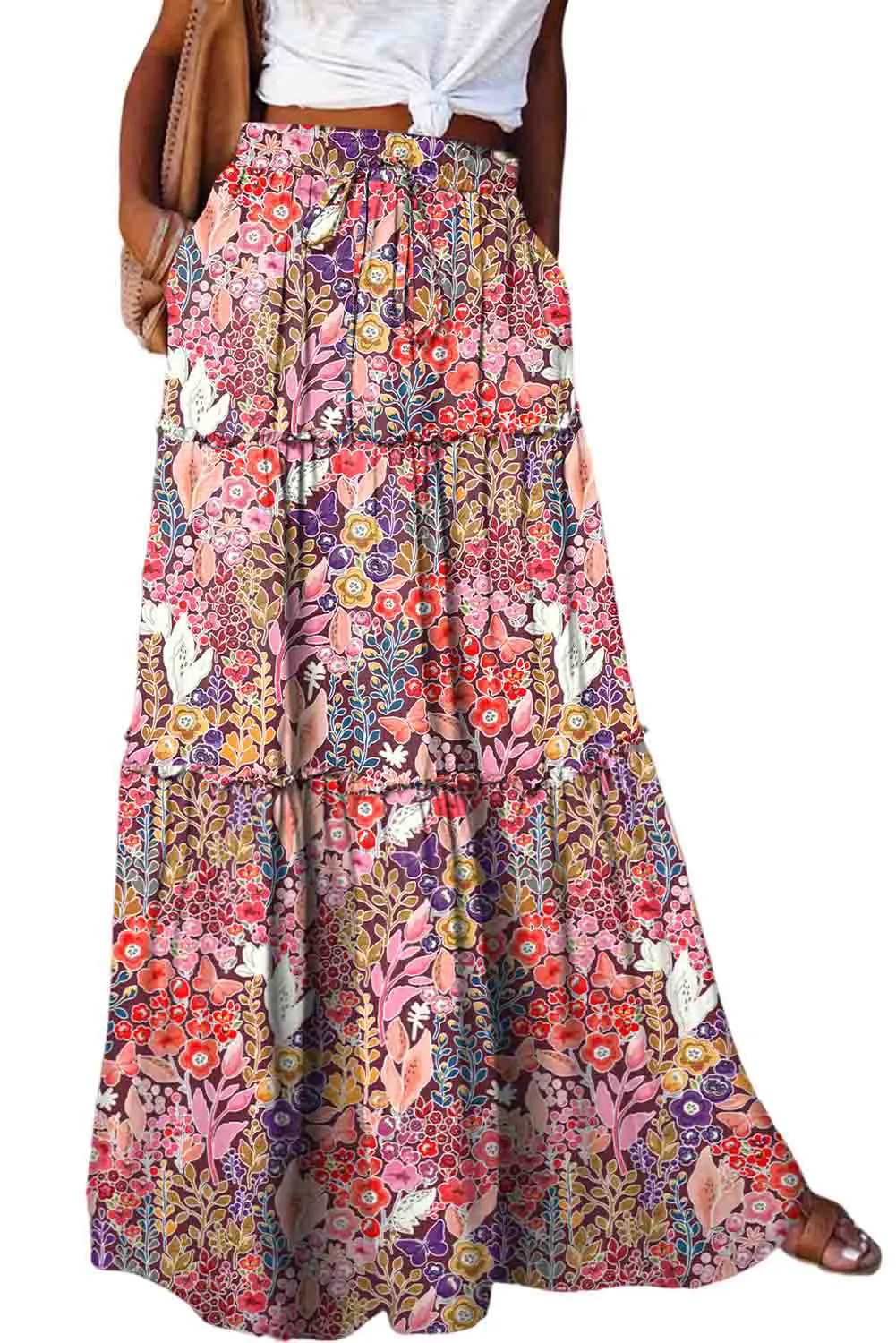 Multicolor Boho Floral Print High Waist Maxi Skirt