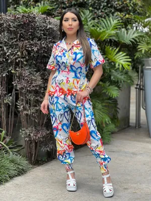 Multicolor Heart Print Jumpsuit