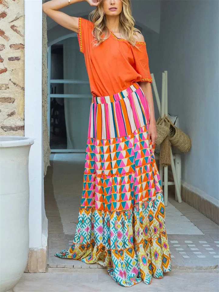 Multicolor Stripe Checked Triangle Print Boho Skirt for Women