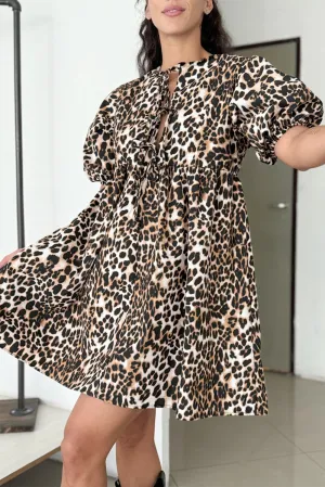 Multicolour Leopard Tie Front Puff Sleeve Short Flared Dress