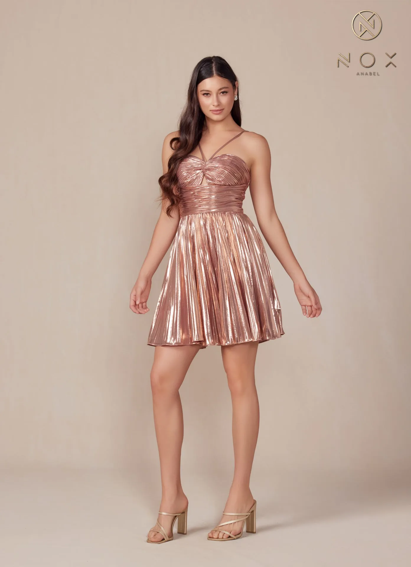 N A825 - Short Metallic A-Line Homecoming Dress with Halter Top & Pleated Skirt