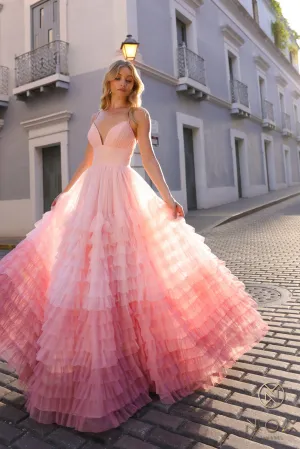 N C1420 - Ombre A-Line Prom Gown with Open Lace Up Corset Back & Layered Ruffled Tulle Skirt
