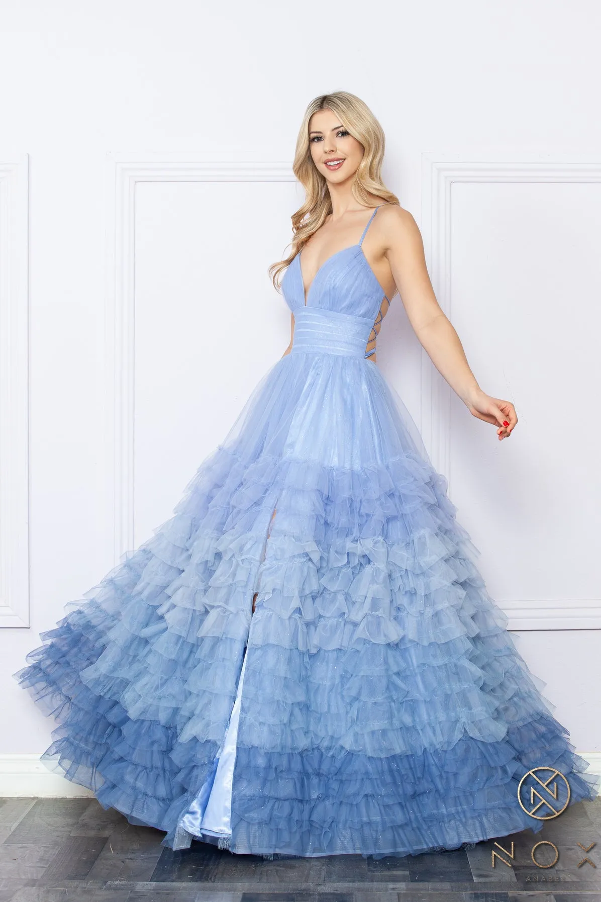 N C1420 - Ombre A-Line Prom Gown with Open Lace Up Corset Back & Layered Ruffled Tulle Skirt