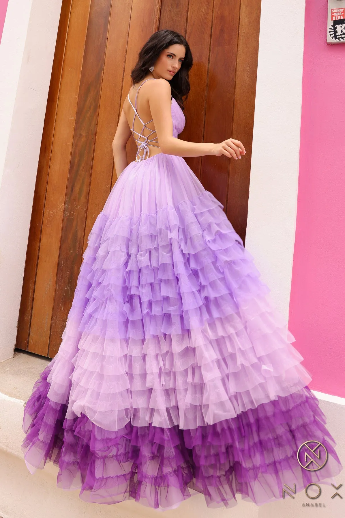 N C1420 - Ombre A-Line Prom Gown with Open Lace Up Corset Back & Layered Ruffled Tulle Skirt