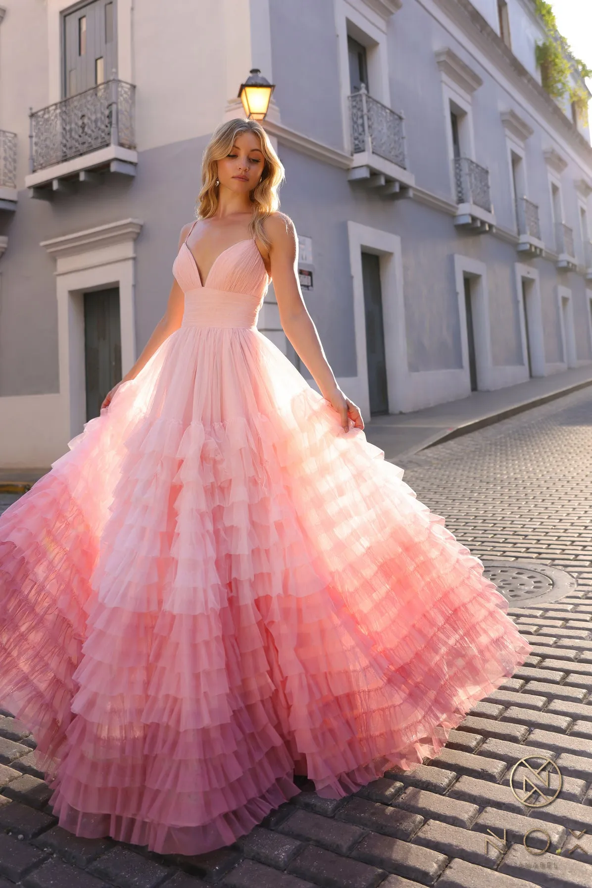 N C1420 - Ombre A-Line Prom Gown with Open Lace Up Corset Back & Layered Ruffled Tulle Skirt