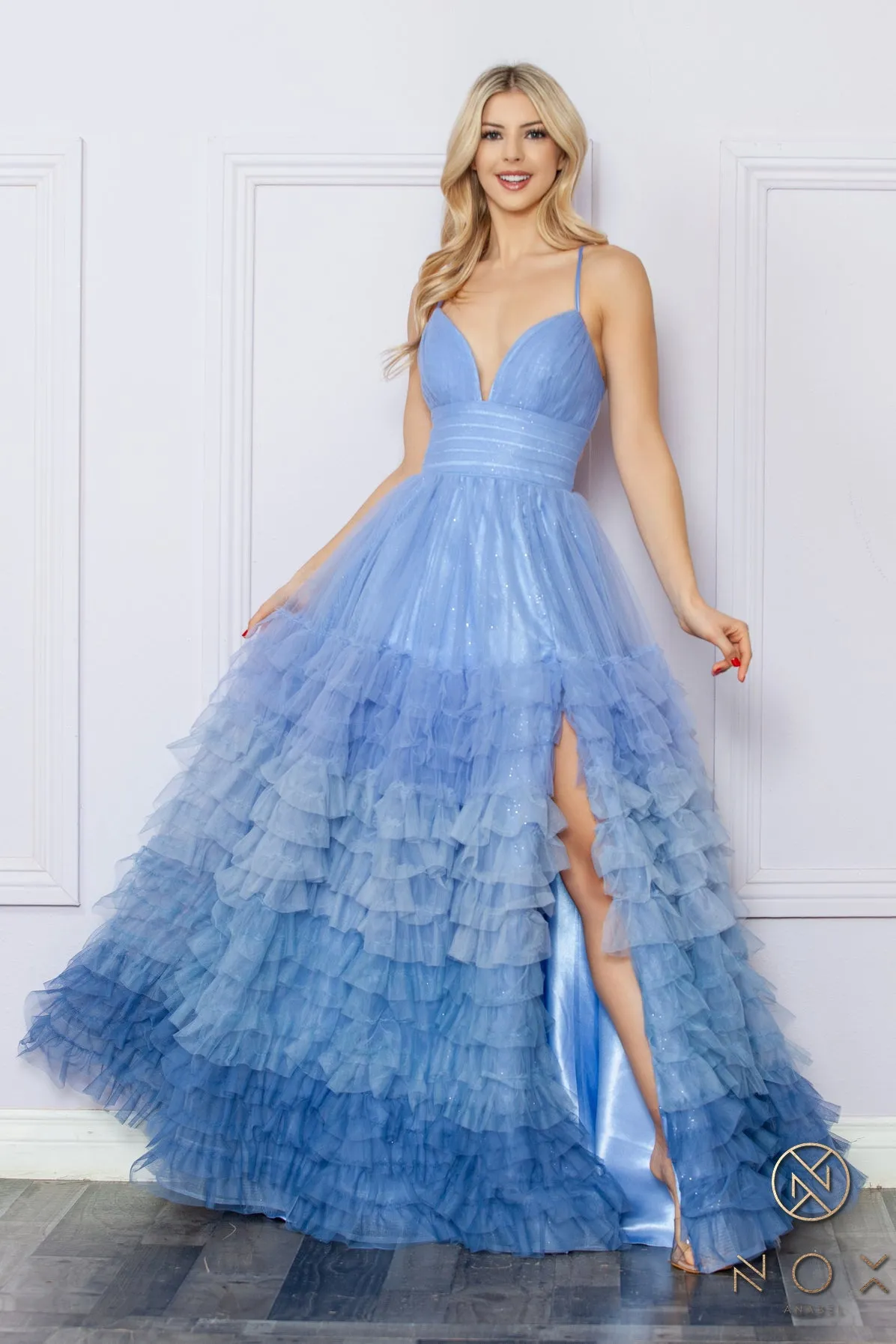 N C1420 - Ombre A-Line Prom Gown with Open Lace Up Corset Back & Layered Ruffled Tulle Skirt