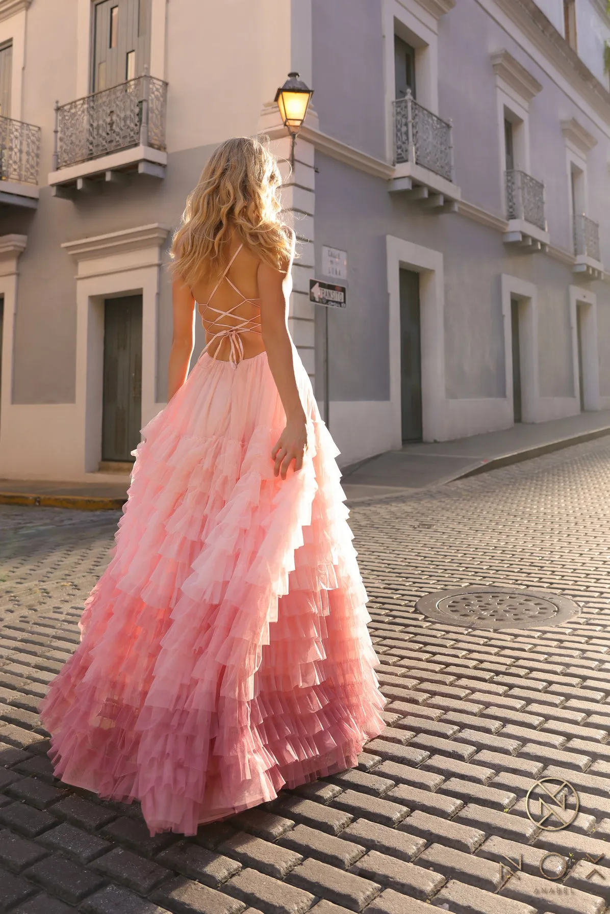 N C1420 - Ombre A-Line Prom Gown with Open Lace Up Corset Back & Layered Ruffled Tulle Skirt