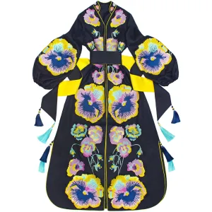 Navy blue Kaftan with embroidered pansies