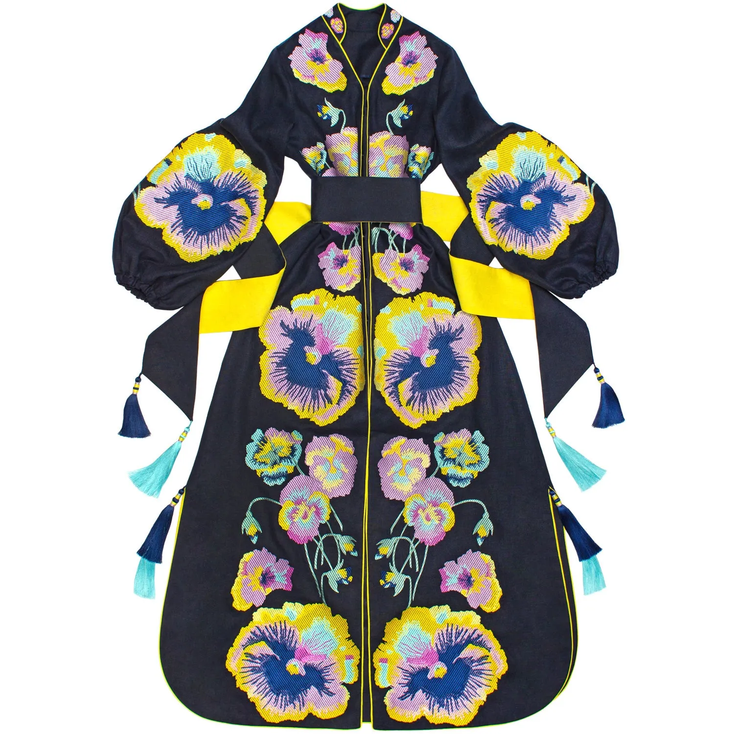 Navy blue Kaftan with embroidered pansies