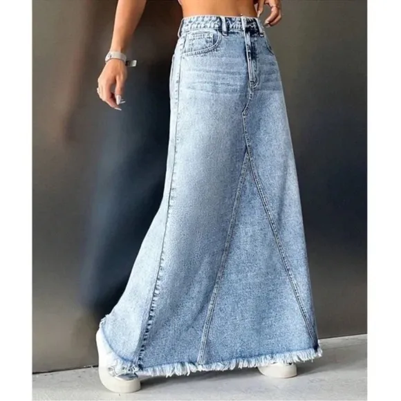 New Boho Raw hem Jean Denim Pockets Maxi Skirt