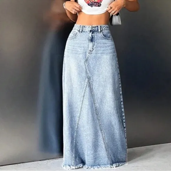New Boho Raw hem Jean Denim Pockets Maxi Skirt