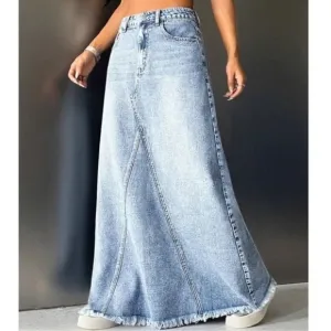 New Boho Raw hem Jean Denim Pockets Maxi Skirt