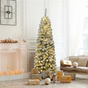 New Costway 6-ft Pre-Lit Snow Flocked Artificial Pencil Christmas Pine Tree with 250 LED Lights, Retails $180 w/tax!