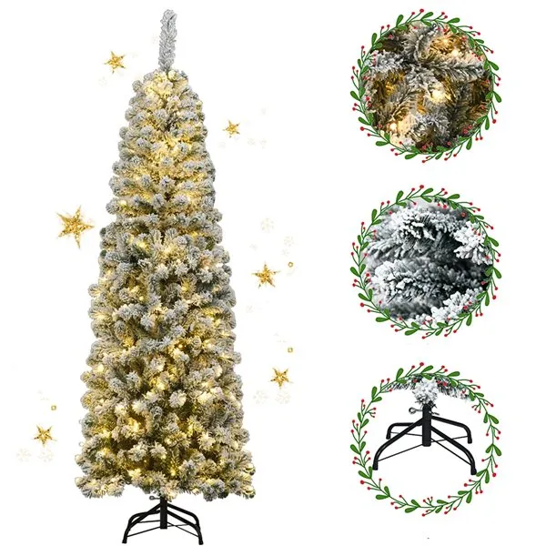 New Costway 6-ft Pre-Lit Snow Flocked Artificial Pencil Christmas Pine Tree with 250 LED Lights, Retails $180 w/tax!