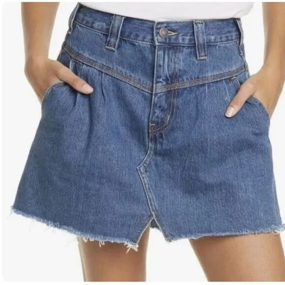 NEW Free People Sidecar Denim Mini Skirt Blue Saratoga Pleated Women's