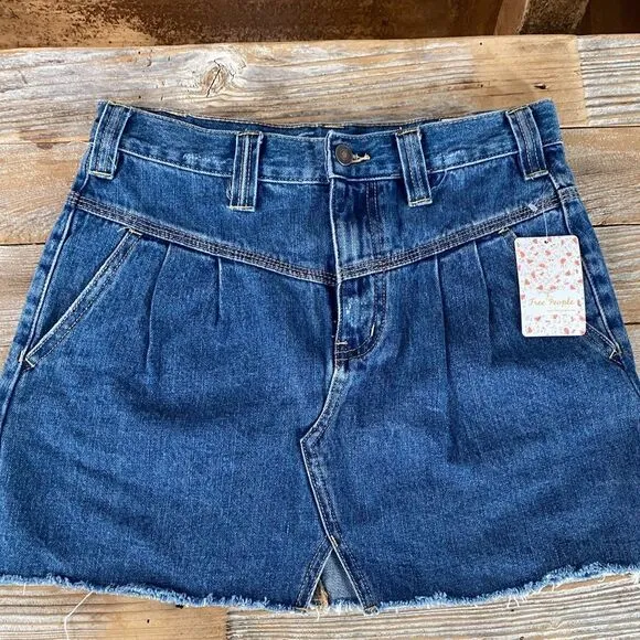 NEW Free People Sidecar Denim Mini Skirt Blue Saratoga Pleated Women's