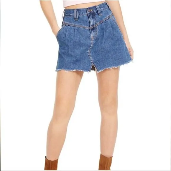NEW Free People Sidecar Denim Mini Skirt Blue Saratoga Pleated Women's