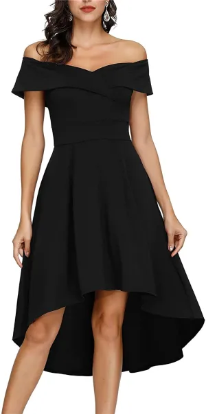 New JASAMBAC Women's Off Shoulder High Low Hem A-Line Wedding Guest Party Cocktail Dress Black, Sz 2X!