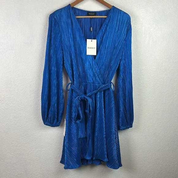 NEW nwt Bardot Bellissa Pleated Faux Wrap Mini Dress Vibrant Blue Metallic