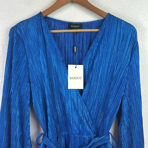 NEW nwt Bardot Bellissa Pleated Faux Wrap Mini Dress Vibrant Blue Metallic