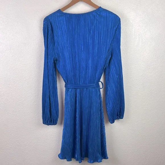 NEW nwt Bardot Bellissa Pleated Faux Wrap Mini Dress Vibrant Blue Metallic