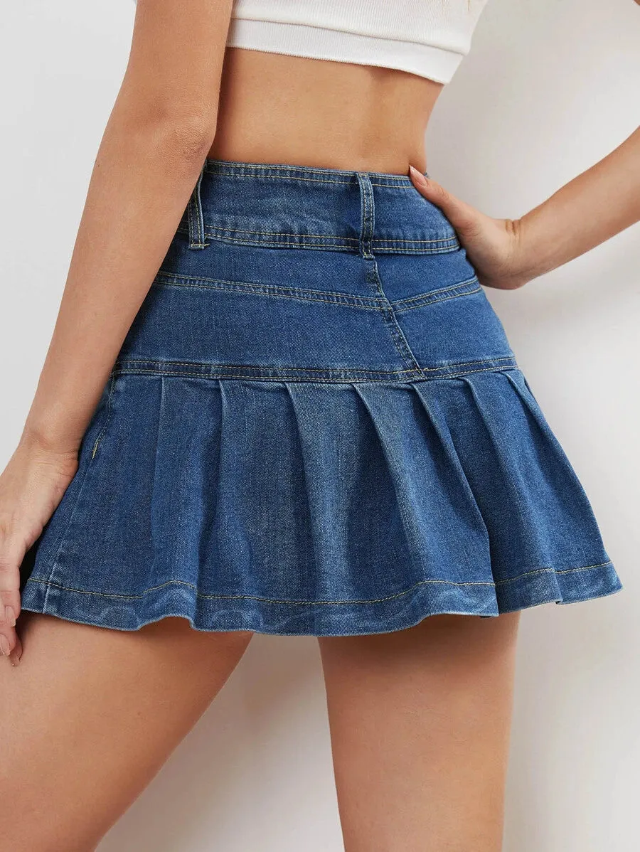 New Shein High Waist Pleated Hem Denim Skirt, Sz S!