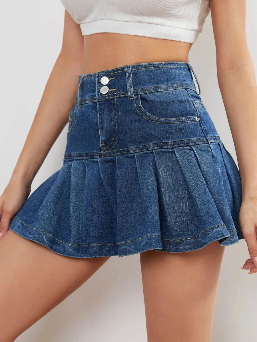 New Shein High Waist Pleated Hem Denim Skirt, Sz S!