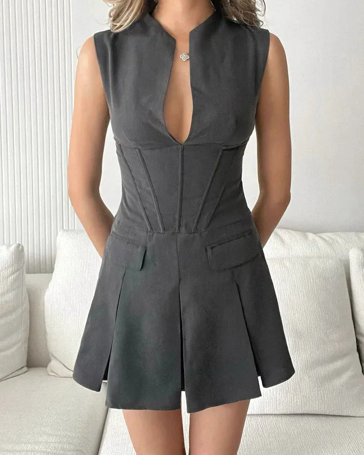 NEW Sleeveless Solid Color Waist Pleated Mini Dress, Grey, Sz XS, Retails $70