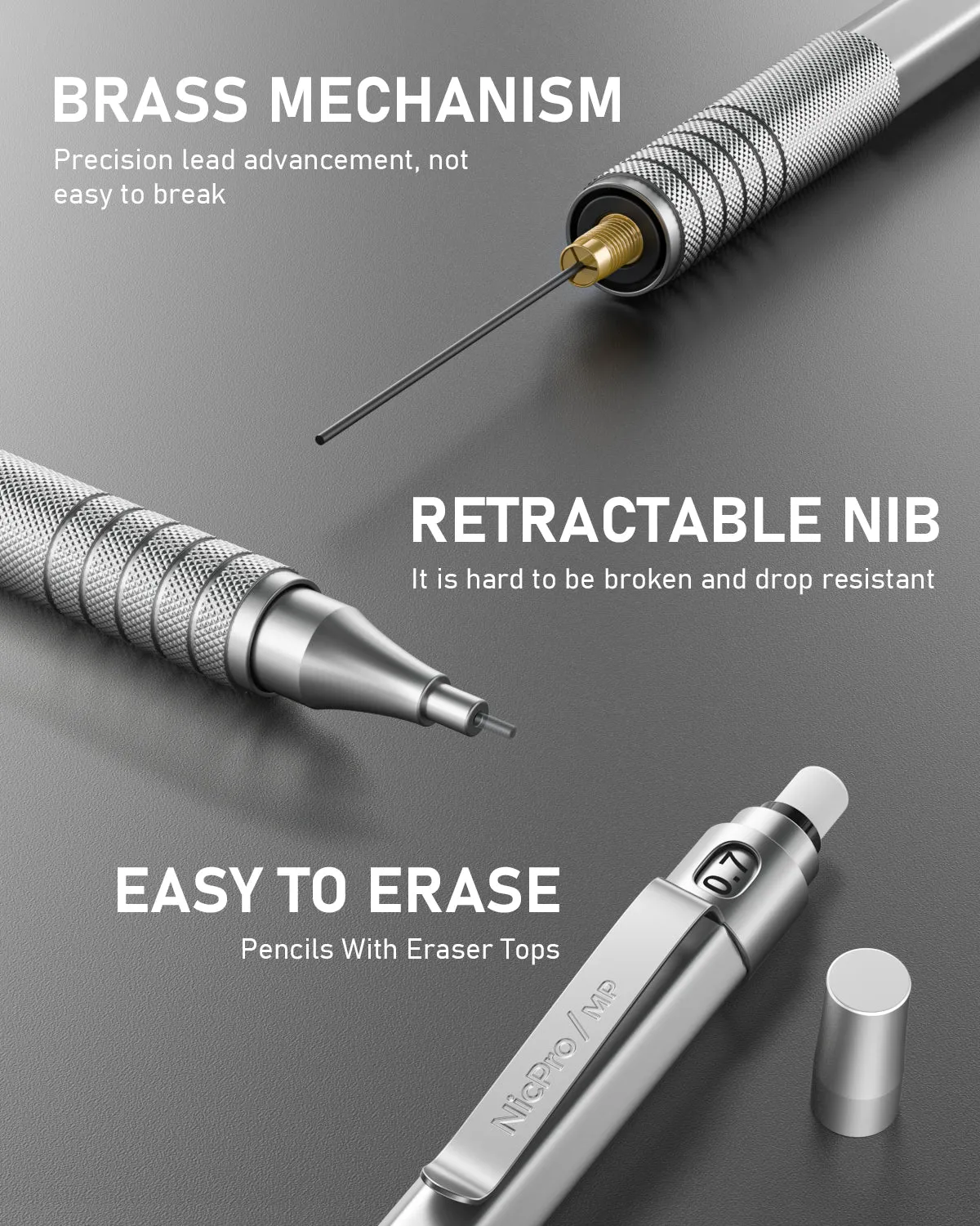 Nicpro 0.7 mm Mechanical Pencils Set, 3 PCS Metal Automatic Drafting Pencil Mechanical Pencil With 6 Tubes HB Pencil Leads And 3 Erasers For Writing Draft, Drawing, Sketch-Come With Case